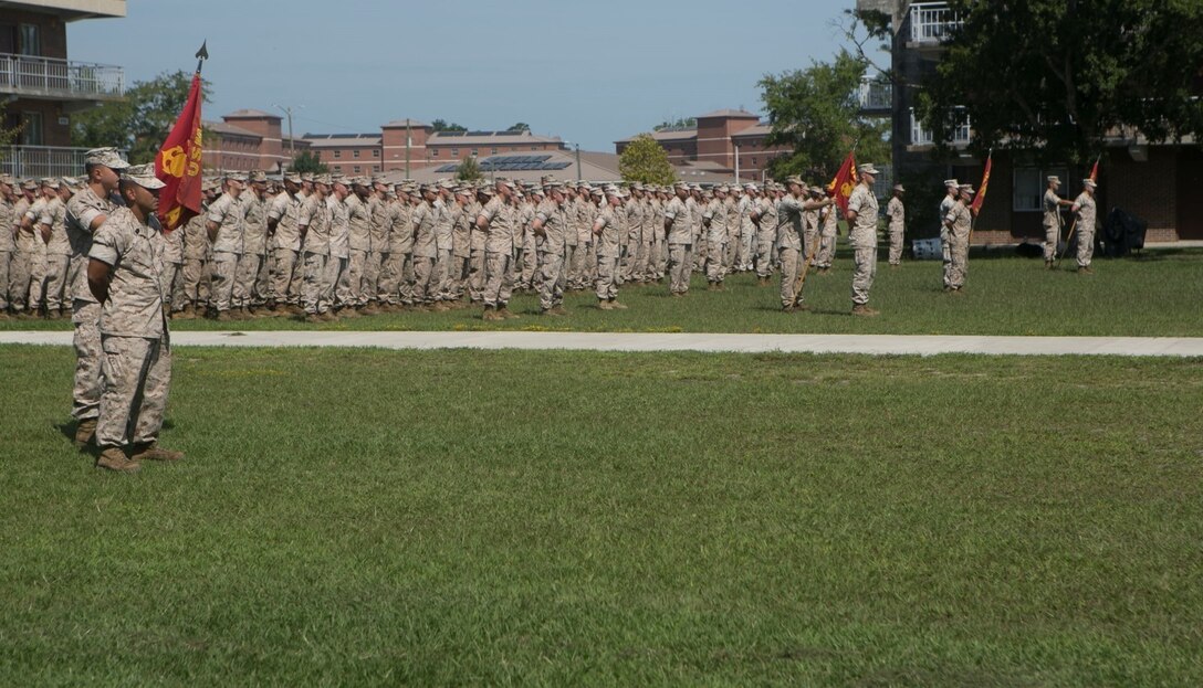 Marines with 1st Battalion, 8th Marine Regiment, gather to honor, Ret. Gunnery Sgt. Glen Silva, in a ceremony to commemorate his dedication and sacrifice to his country and Corps, Aug. 28, 2015, aboard Camp Lejeune, N.C. Silva, formerly an infantry platoon sergeant, will have an award named after him awarded to staff-noncommissioned officers who are models of courage and performance within their field of expertise called the “GySgt. Glen Silva Staff NCO Award of Excellence.”