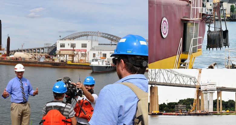 Bryce Wisemiller, Project Manager speaks on camera during an August interview where he discussed the Corps’ efforts and progress of the Harbor Deepening Program. Wisemiller discussed the timely completion of navigation improvements within the harbor and the importance of channel deepening for a safe and economically efficient pathway for ships to transit. 