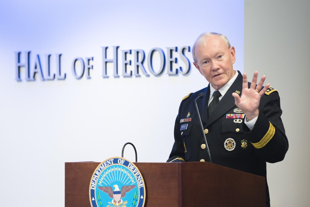 Army Gen. Martin E. Dempsey, chairman of the Joint Chiefs of Staff, speaks during the 16th Annual Newman's Own Awards ceremony in the Hall of Heroes at the Pentagon, Sept. 2, 2015. During the event, six military nonprofit organizations received $200,000 for their innovative programs to improve military quality of life. Newman's Own, Fisher House Foundation and Military Times sponsored the awards. DoD photo by U.S. Army Staff Sgt. Sean K. Harp


