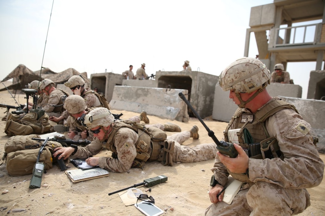A Company Fire Support Team (FiST) with Special Purpose Marine Air Ground Task Force—Crisis Response—Central Command identify targets and call in mortar strikes during a Fire Support Coordination Exercise (FSCEX) in an undisclosed location in Southwest Asia, Aug. 25, 2015. The FSCEX is a SPMAGTF and 15th Marine Expeditionary Unit combined arms exercise designed to promote interoperability between the two Marine Corps contingency response forces in the Central Command Area of Operations. (U.S. Marine Corps photo by Cpl. Jonathan Boynes)