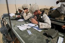 A Fire Support Team from Battalion Landing Team 3rd Battalion, 1st Marine Regiment, 15th Marine Expeditionary Unit, identify and call in artillery strikes during a Fire Support Coordination Exercise (FSCEX) in an undisclosed location in Southwest Asia Aug. 25, 2015.The FSCEX is a SPMAGTF and 15th Marine Expeditionary Unit combined arms exercise designed to promote interoperability between the two Marine Corps contingency response forces in the Central Command Area of Operations. (U.S. Marine Corps photo by Cpl. Jonathan Boynes)