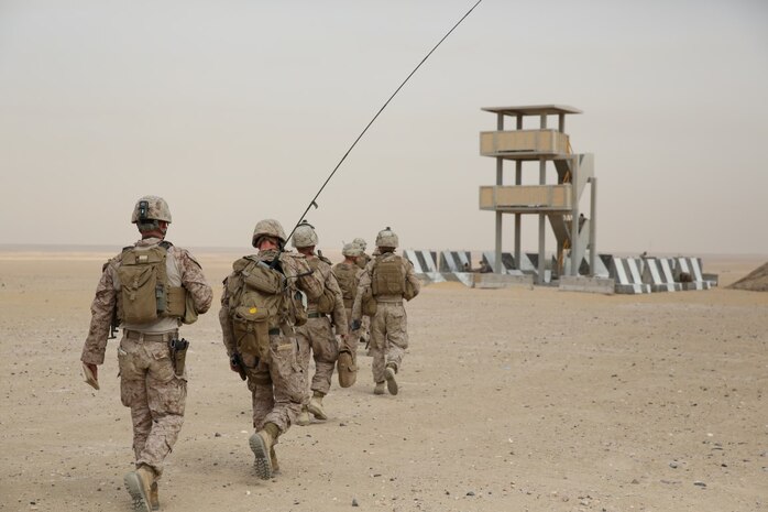 A Company Fire Support Team (FiST) comprised of Marines with Special Purpose Marine Air Ground Task Force—Crisis Response—Central Command move into position to call in air, artillery and mortar strikes during a Fire Support Coordination exercise (FSCEX)  in an undisclosed location in Southwest Asia,  Aug. 25, 2015. The FSCEX is a SPMAGTF and 15th Marine Expeditionary Unit combined arms exercise designed to promote interoperability between the two Marine Corps contingency response forces in the Central Command Area of Operations. (U.S. Marine Corps photo by Cpl. Jonathan Boynes)