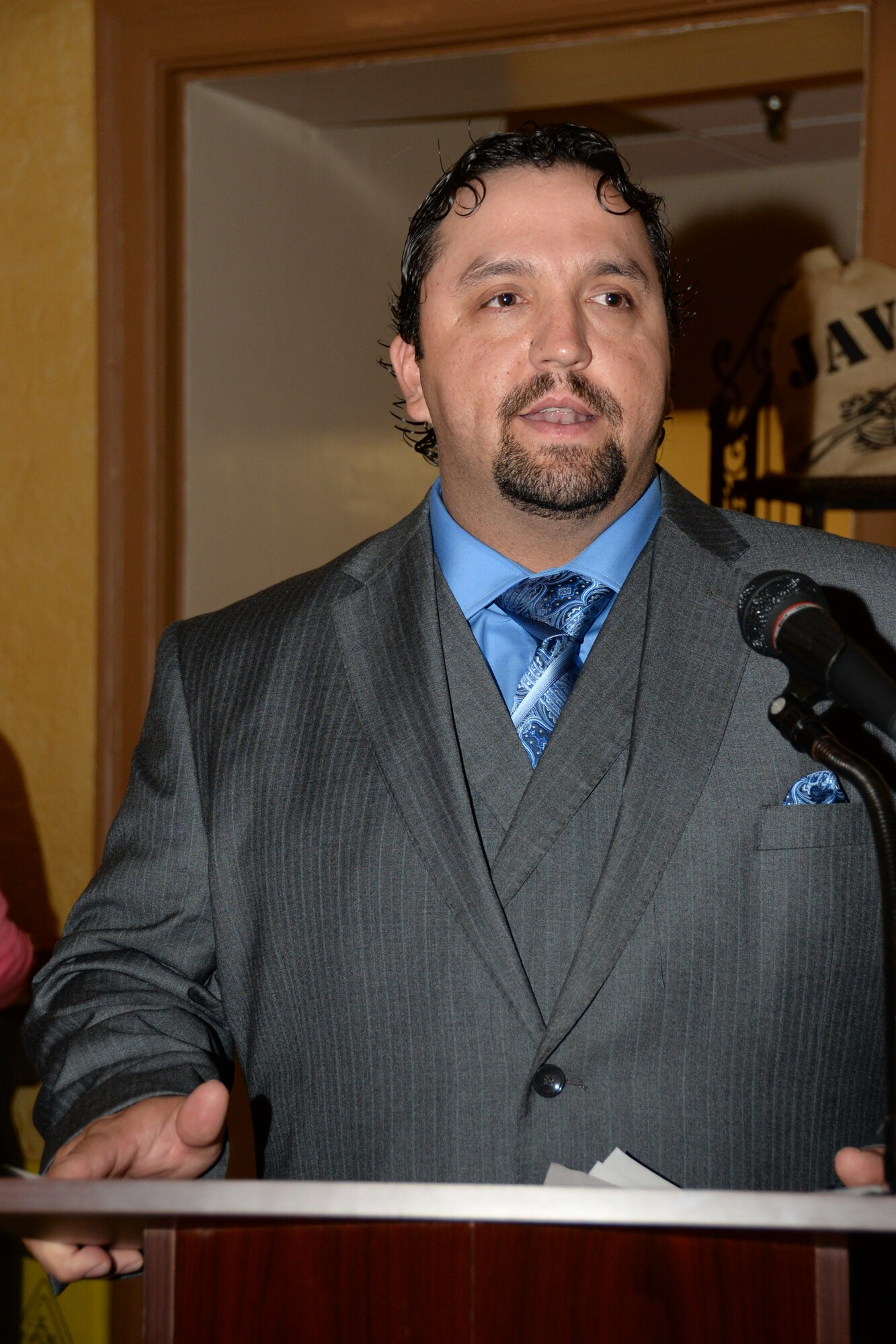 Hank Ward, guest speaker, shares his experience with the Combined Federal Campaign during the CFC kick-off breakfast at Barksdale Air Force Base, La., Sept. 1, 2015. The CFC has adopted “You Can Change a Life” as the theme for 2015. This year, people can donate to more than 22,000 charities at local, national and international levels.(U.S. Air Force photo/Senior Airman Amanda Morris)