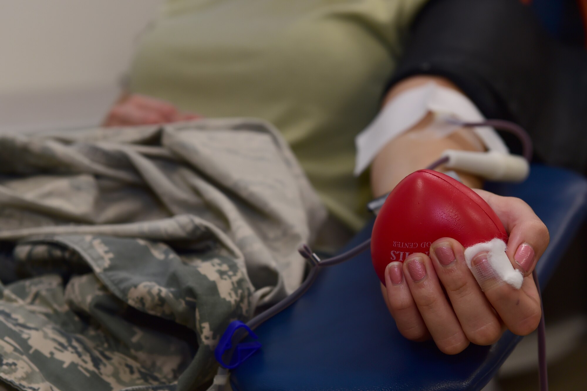 Team Buckley members participate in a blood drive hosted by Bonfils Blood Center Sept. 2, 2015, on Buckley Air Force Base, Colo. The blood drive looks is hosted awareness and donations for those in need. (U.S. Air Force photo by Airman 1st Class Luke W. Nowakowski/Released)
