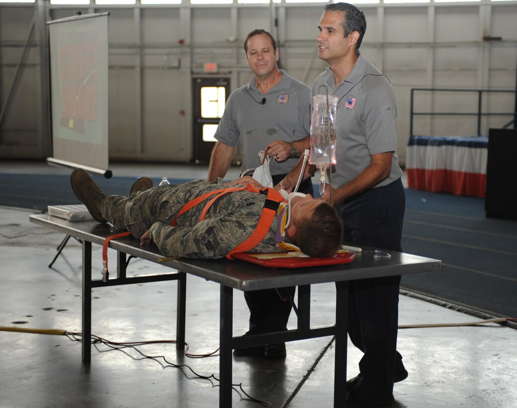 Ralph Jimenez (left) Street Smart program volunteer, and Oscar Duran (right), Miami-Dade Fire Rescue paramedic, share their experiences of responding to vehicle crashes during a Street Smart presentation at Ellsworth Air Force Base, S.D., Aug. 28, 2015. According to a 2011 report by Injury Prevention & Control: Motor Vehicle Safety, nearly one in five crashes in which someone was injured involved distracted driving. (U.S. Air Force photo by Airman 1st Class Denise M. Nevins/Released)