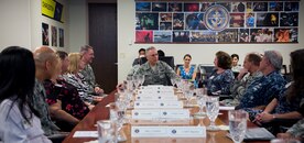 Maj. Gen. Frederick H. Martin, U.S. Air Force Expeditionary Center commander, Joint Base McGuire-Dix-Lakehurst, New Jersey, talks to Joint Base Charleston leadership during a mission briefing Sep. 1, 2015, at the headquarters building on JB Charleston, S.C. Martin toured various locations across the Air Base and Weapons Station where he was able to interact with several of Joint Base Charleston’s Mission Partners. The U.S. Air Force Expeditionary Center is the Air Force's Center of Excellence for advanced expeditionary combat support training and education, while also providing direct oversight for en route and installation support, contingency response and partner capacity building mission sets within the global mobility enterprise. The Expeditionary Center provides operational control of the Expeditionary Operations School and administrative control for six wings and two groups within Air Mobility Command. (U.S. Air Force photo/Airman 1st Class Clayton Cupit)