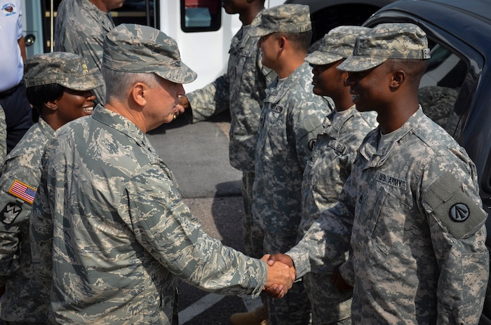 Maj. Gen. Frederick H. Martin, U.S. Air Force Expeditionary Center commander, Joint Base McGuire-Dix-Lakehurst, New Jersey, meets with soldiers from the 841st Transportation Battalion during a base visit, Sept. 2, 2015 at Joint Base Charleston – Weapons Station, S.C.  Martin was accompanied by Brig. Gen. James Scanlan, Mobilization Assistant to the commander of the U.S. Air Force Expeditionary Center, and John Hood, honorary commander of the U.S. Air Force Expeditionary Center.  The U.S. Air Force Expeditionary Center is the Air Force's Center of Excellence for advanced expeditionary combat support training and education, while also providing direct oversight for en route and installation support, contingency response and partner capacity building mission sets within the global mobility enterprise. The Expeditionary Center provides operational control of the Expeditionary Operations School and administrative control for six wings and two groups within Air Mobility Command. (U.S. Air Force photo/Staff Sgt. AJ Hyatt)