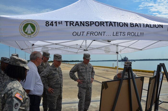 Maj. Gen. Frederick H. Martin, U.S. Air Force Expeditionary Center commander, Joint Base McGuire-Dix-Lakehurst, New Jersey, receives a mission brief from the 841st Transportation Battalion during a base visit, Sept. 2, 2015 at Joint Base Charleston – Weapons Station, S.C. Martin was accompanied by Brig. Gen. James Scanlan, Mobilization Assistant to the commander of the U.S. Air Force Expeditionary Center, and John Hood, honorary commander of the U.S. Air Force Expeditionary Center. (U.S. Air Force photo/Staff Sgt. AJ Hyatt) 