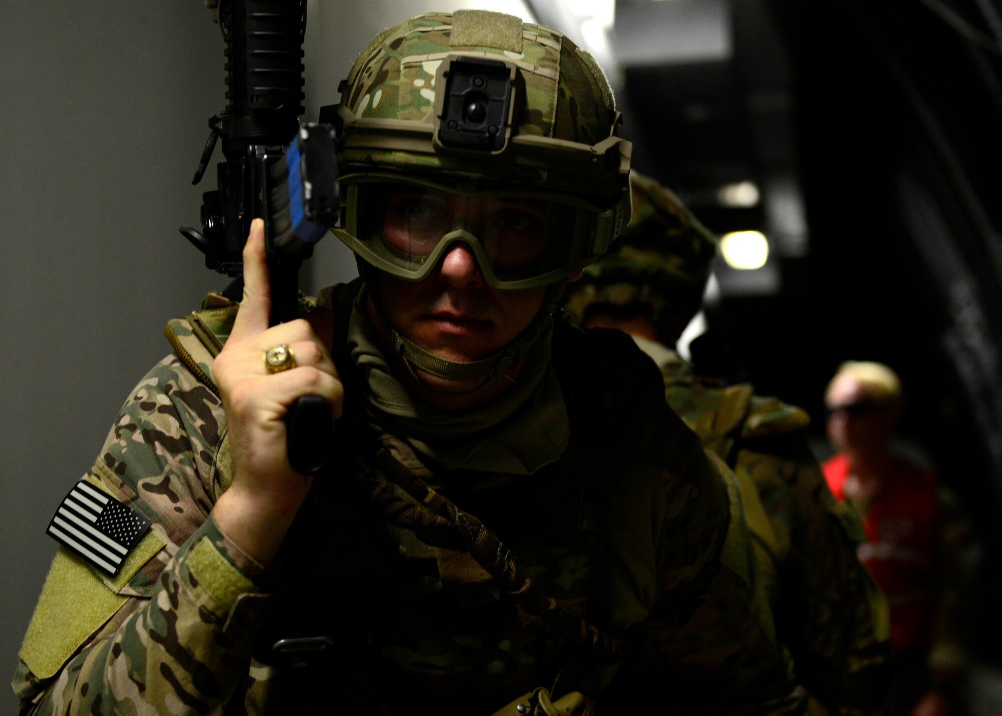 U.S. Air Force Capt. Kyle Fuller, 31st Civil Engineer Squadron Explosive Ordnance Disposal flight chief, participates in close quarters battle training, Sept. 1, 2015 at Aviano Air Base, Italy. The training included classroom instruction and a hands-on portion where the participants learned how to work as a team in a close quarters battle environment, how to handle weapons safely and individual shooting fundamentals. (U.S. Air Force photo by senior Airman Areca T. Wilson/Released)