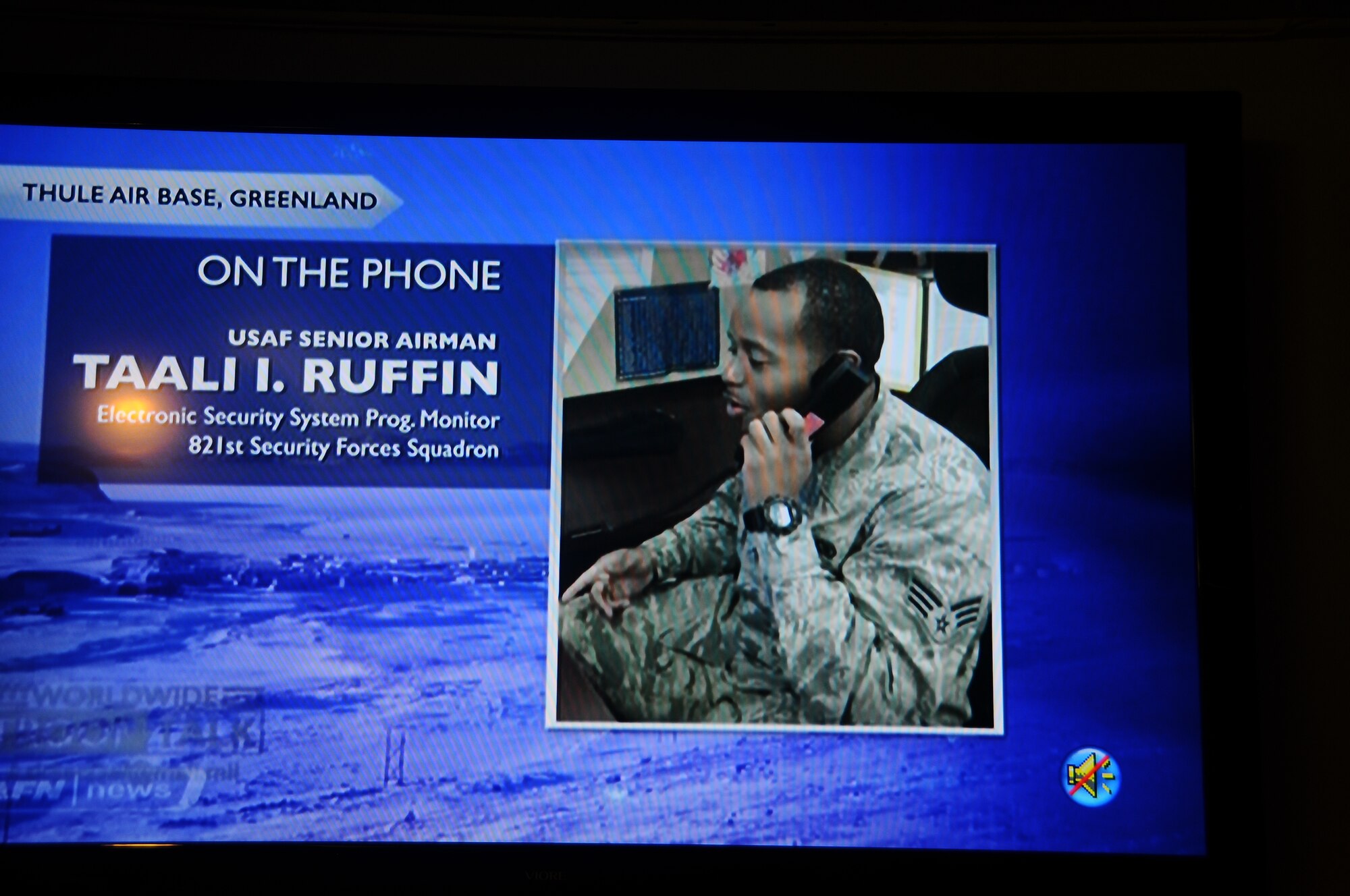 THULE AIR BASE, Greenland -- Senior Airman Taali Ruffin, 821st Security Forces Squadron, talks to Secretary of Defense Ash Carter during the Worldwide Troop Talk Sept. 1. Ruffin asked Carter about anticipated enhancements in Thule's strategic mission capabilities. Carter answered by explaining Thule's strategic importance, and stressed the importance of keeping the radar modern and sensitive enough to detect and discriminate threats. The hour-long Troop Talk was the first time the secretary of defense answered Airmen’s questions live during a webcast. (U.S. Air Force photo)