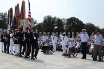 The USAF Honor Guard joins a Joint Service Color Team to pay tribute to
World War II veterans from the Chicago area during a Wreath Ceremony at the
National World War II Memorial on Sep. 2. The event was hosted by Honor
Flight Chicago in honor of World War II veterans from the Chicago area.
Honor Flight Chicago was founded to recognize World War II veterans by
flying them free-of-charge to Washington D.C. for a day of honor,
remembrance and celebration.  (U.S. Air Force photo/Staff Sgt. Matt Davis)
