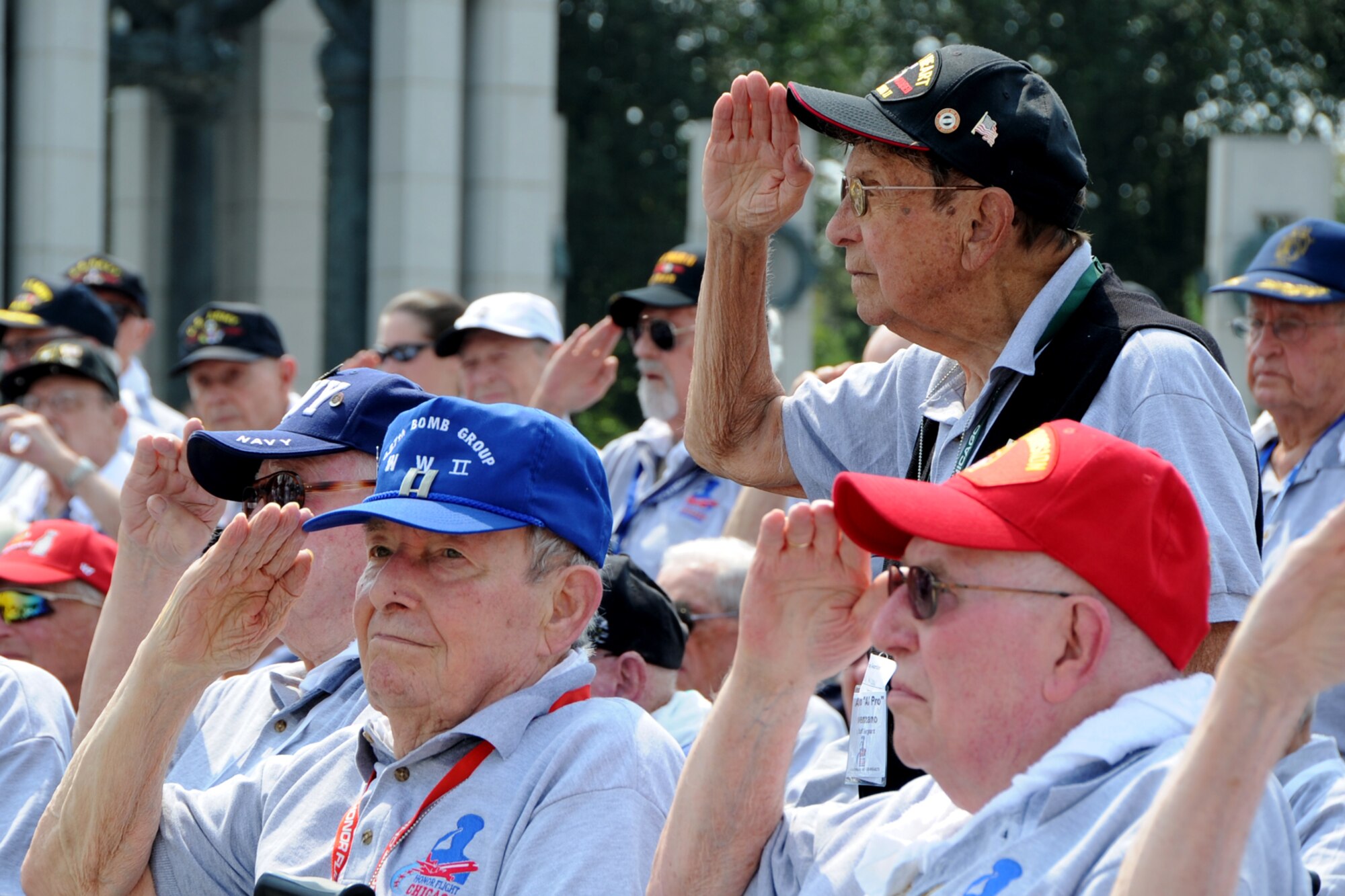 World War II veterans from the Chicago area salute during a Wreath Ceremony
at the National World War II Memorial on Sep. 2. The event was hosted by
Honor Flight Chicago in honor of World War II veterans from the Chicago
area. Honor Flight Chicago was founded to recognize World War II veterans by
flying them free-of-charge to Washington D.C. for a day of honor,
remembrance and celebration.  (U.S. Air Force photo/Staff Sgt. Matt Davis)


