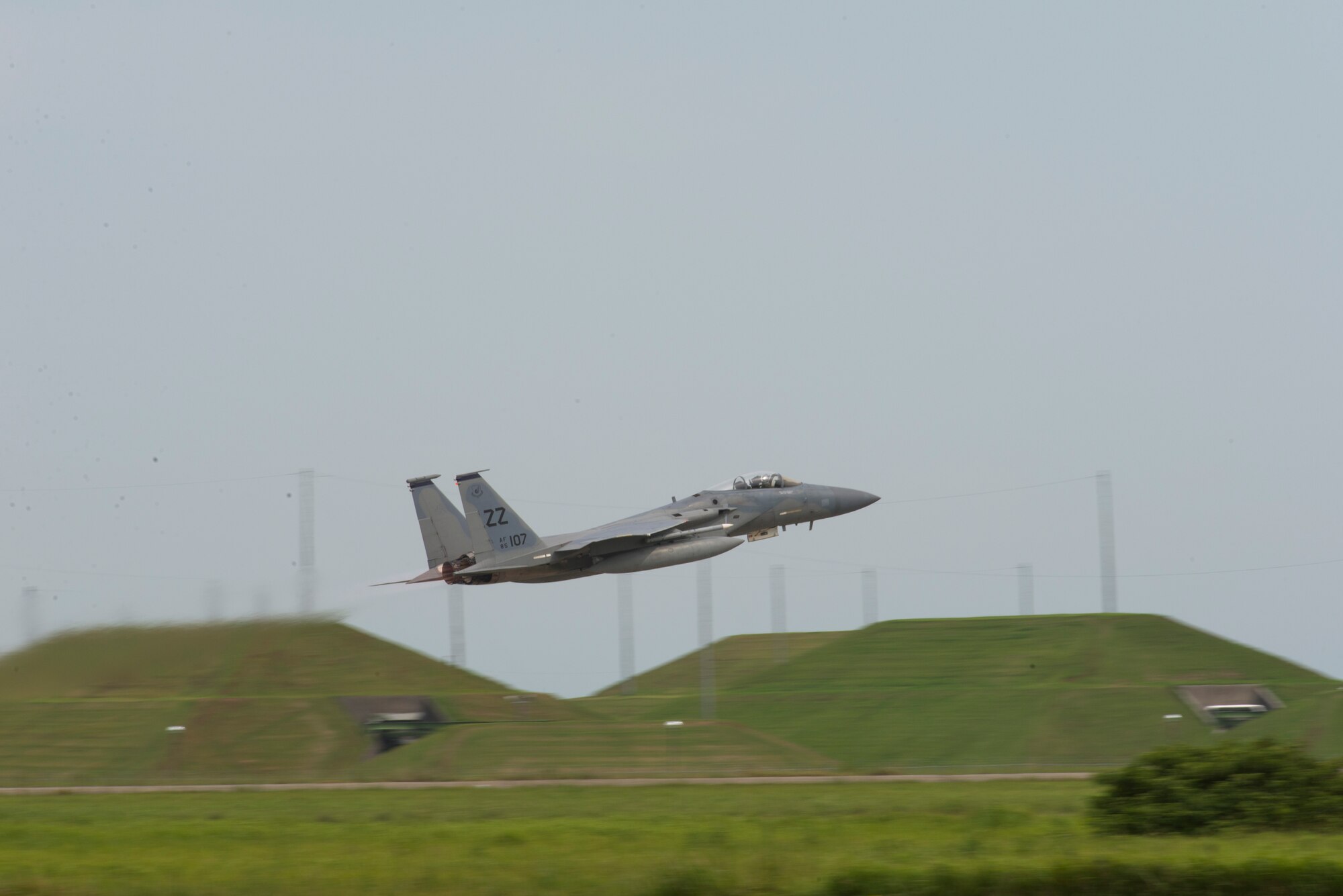 An F-15 Eagle from the 44th Fighter Squadron takes off to head back to Kadena after completing Aviation Relocation Training at Tsuiki Air Base, Japan, Sept. 2, 2015. Members from the 18th Wing temporarily deployed to Tsuiki, Japan, to participate in the ATR from Kadena Air Base, Japan, to practice deployed operations and perform bilateral training in a joint environment alongside the Japan Air Self-defense Force’s 8th Air Wing. More than 150 U.S. Air Force Airmen from the 18th Wing and 12 F-15 Eagles from the 44th Fighter Squadron deployed for the a two-week Aviation Training Relocation. (U.S. Air Force photo by Senior Airman Stephen G. Eigel)