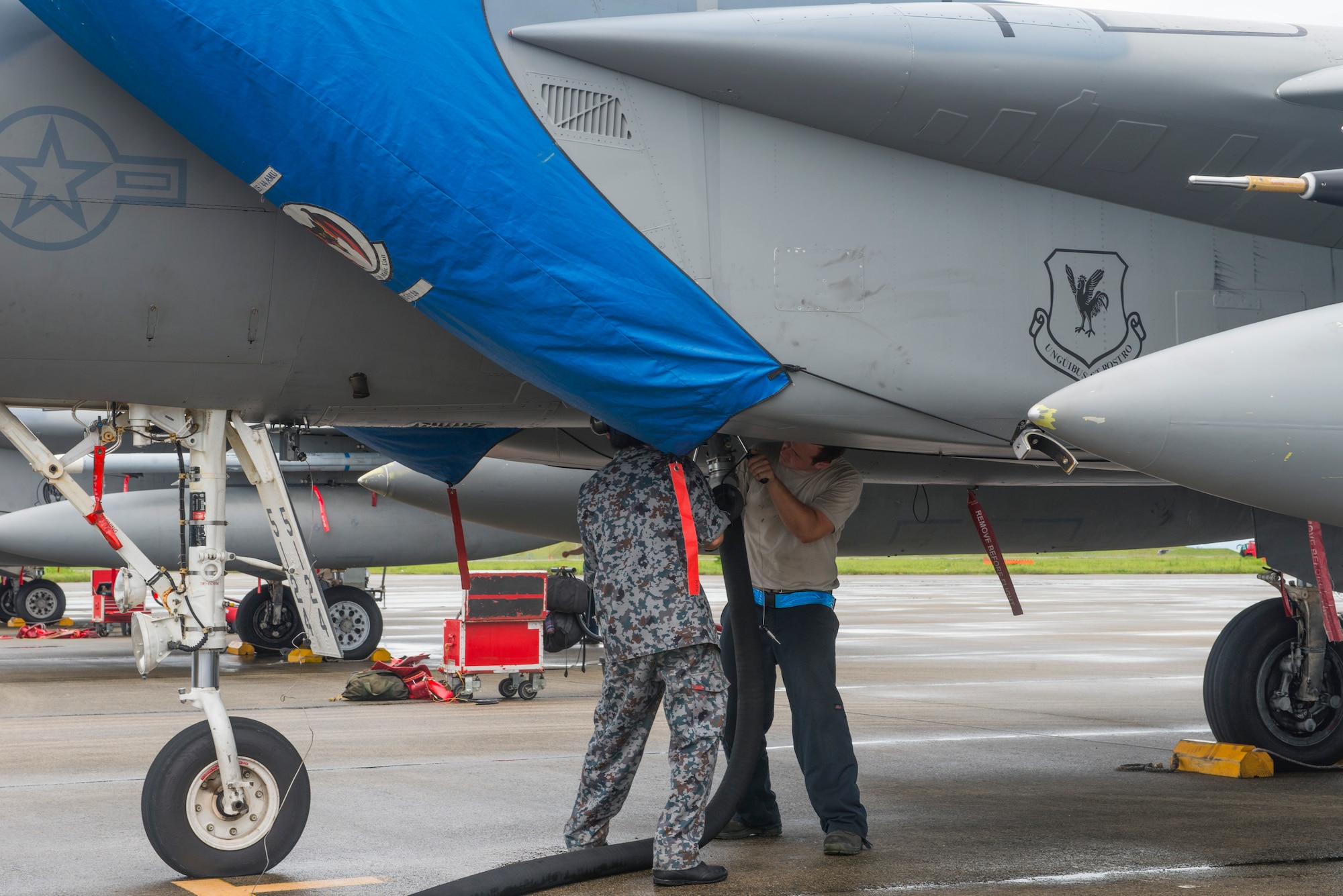 U.S. Air Force members from the 44th Aircraft Maintenance Unit along with members of the Japan Air Self-Defense Force refuel an F-15 Eagle at Tsuiki Air Base, Japan, Sept. 1, 2015. The members deployed to Tsuiki, Japan, to participate in a two-week Aviation Training Relocation from Kadena Air Base, Japan, to help build interoperablitiy between the two forces. (U.S. Air Force photo by Senior Airman Stephen G. Eigel)