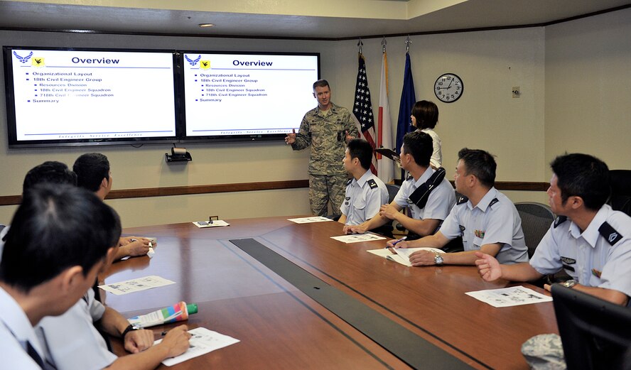 U.S. Air Force Lt. Col. Aaron Brooks, 18th Civil Engineer Squadron commander, briefs Japan Air Self-Defense Force students from the 3rd Technical School on Kadena Air Base, Japan, Sept. 2, 2015. The 18th CES Explosive Ordnance Disposal Flight responds to more than 50 munitions-related incidents/accidents and disposal operations per year. (U.S. Air Force photo by Naoto Anazawa)