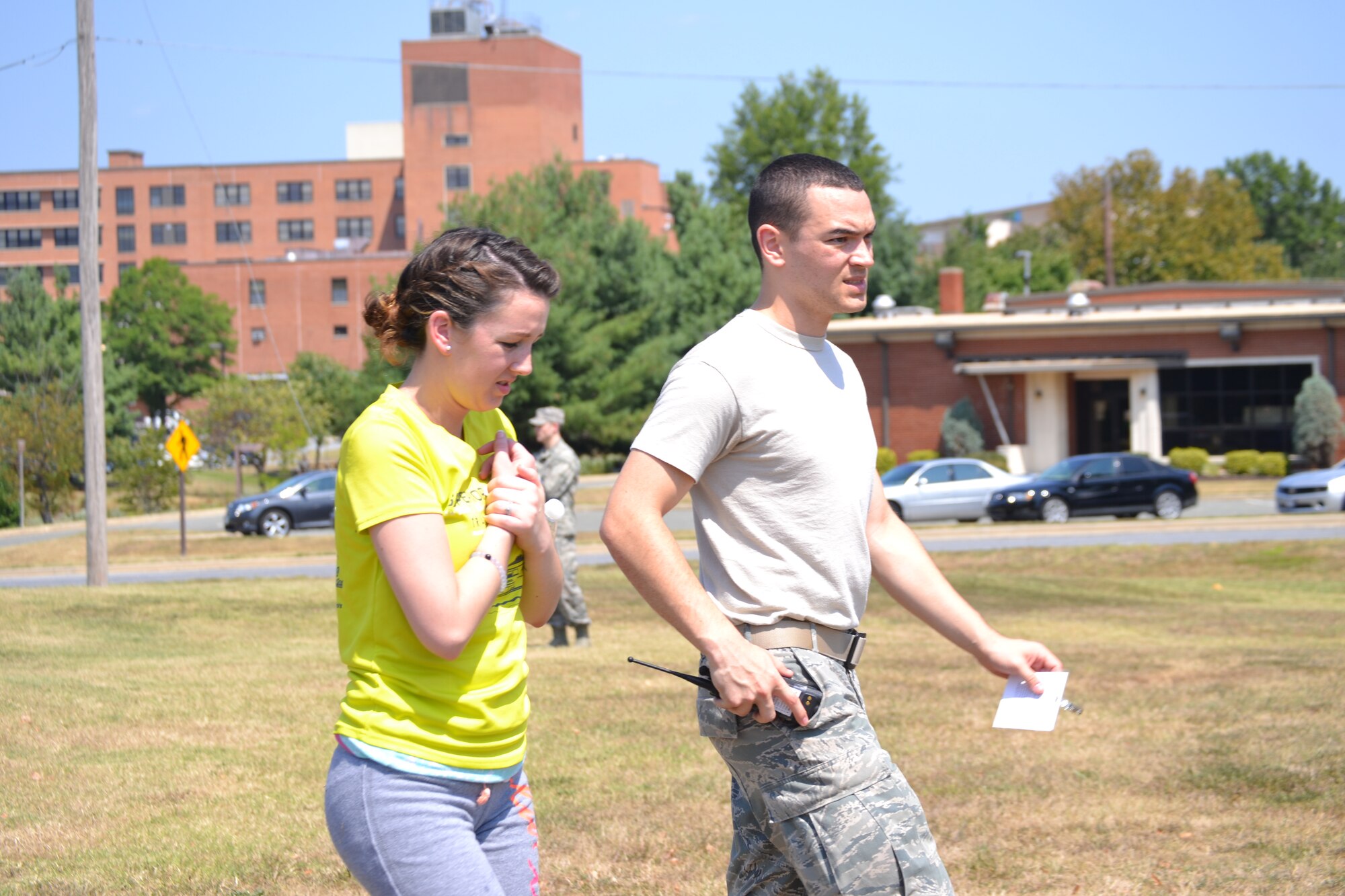Emergency-readiness exercises are being held for first responders at the 79th Medical Wing on Joint Base Andrews in preparation for the upcoming air show on Sept. 19. Local community members volunteered to be patients so medical personnel could get more realistic training. Practicing for various emergency scenarios allows our first responders at the 79th Medical Wing and hospitals in the region the opportunity to train together for a myriad of contingencies. There is no expectation for an accident to occur during the 2015 Joint Base Andrews Air Show, but the exercise evaluated the response of base emergency personnel in the case of a mass casualty incident. (Photo by Major Derric Whiteside)