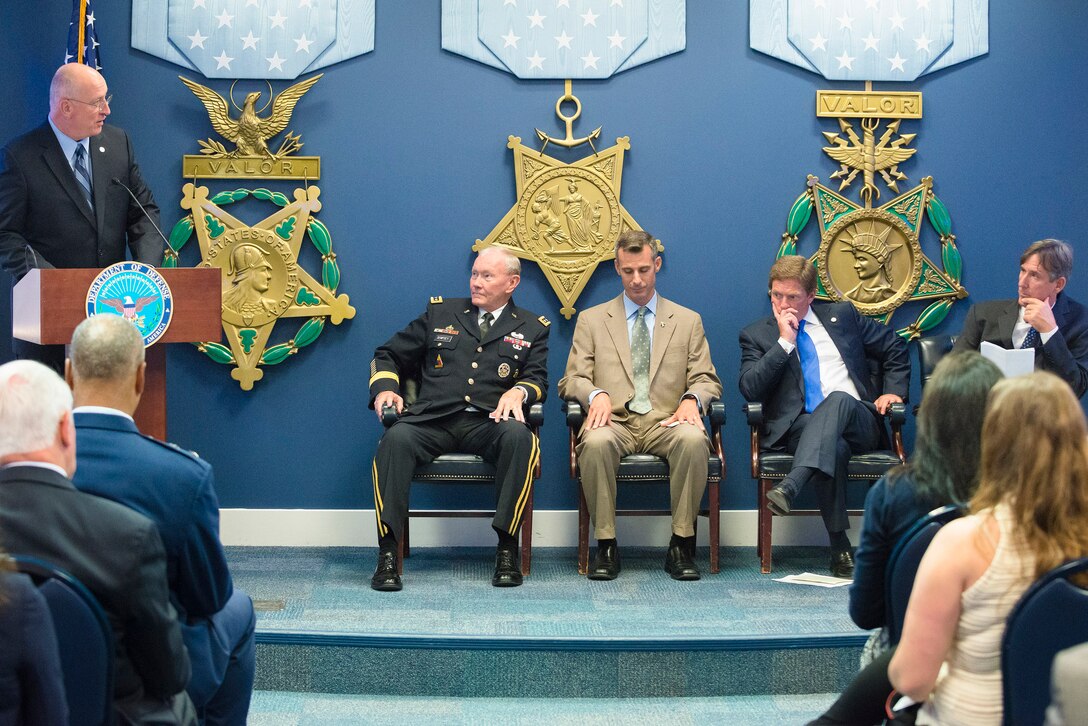 Army Gen. Martin E. Dempsey, center left, chairman of the Joint Chiefs of Staff, participates during the annual Newman's Own Awards in the Hall of Heroes at the Pentagon, Sept. 2, 2015. During the ceremony, six military nonprofit organizations received $200,000 for their innovative programs to improve military quality of life. Newman's Own, Fisher House Foundation and Military Times sponsored the awards. DoD photo by U.S. Army Staff Sgt. Sean K. Harp