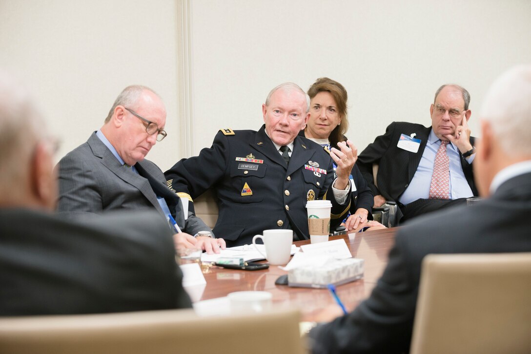 Army Gen. Martin E. Dempsey, center, chairman of the Joint Chiefs of Staff, speaks to members of Business Executives for National Security in Washington, D.C., Sept. 2, 2015. The nonpartisan, nonprofit organization supports the U.S. government by applying best business practice solutions to national security problems. DoD photo by U.S. Army Staff Sgt. Sean K. Harp