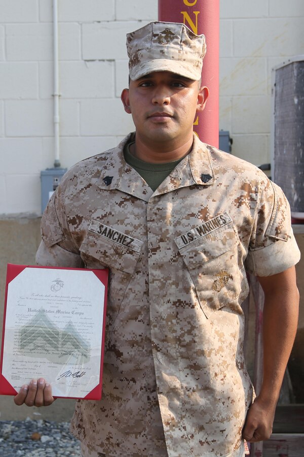 U.S. Marine Corps Sgt. Jorge Sanchez, a native of Edcouch, Texas, and 2009 graduate of Edcouch-Elsa High School was promoted to his current rank of sergeant in a promotion ceremony at the Defense Distribution Center Susquehanna, New Cumberland, Pennsylvania, Sept. 1, 2015. Sanchez currently serves as the 4th Marine Corps District Supply noncommissioned officer. As Supply NCO, he is responsible for purchasing and maintaining purchase records for 4th MCD of more than six million dollars. Sanchez enlisted in the Marine Corps January 2012. He has been stationed at Marine Corps Air Station Iwakuni, Japan, and New Cumberland, Pennsylvania, and he has been deployed to Tinian and Guam in support of Operation Forager Fury II and South Korea in support of Operation Freedom Banner. His awards include the Good Conduct Medal, Sea Service Deployment Ribbon, Korean Defense Service Medal, Global War on Terrorism Service Medal, and National Defense Medal. 