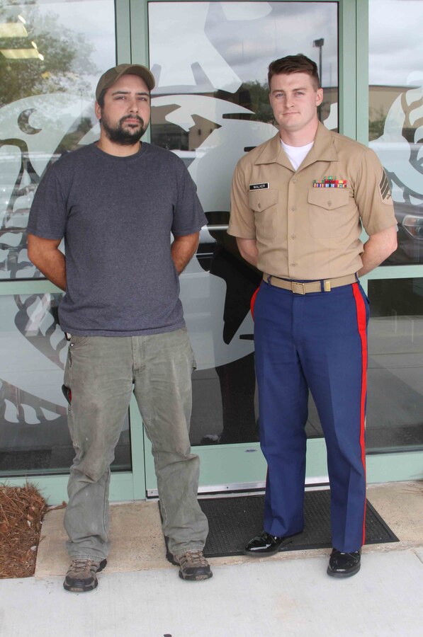 Sebastian N. Czyz, a Poznan, Poland, native, poses for a photo with U.S. Marine Corps Sgt. Justin Walker, a recruiter with Marine Corps Recruiting Sub Station Wilmington, North Carolina, in front of RSS Wilmington, Aug. 27, 2015. Czyz finally achieved his childhood goal of joining the Marine Corps on June 15, 2015. He is scheduled to ship to recruit training in April, 2016.  (U.S. Marine Corps photo by Sgt. Dwight A. Henderson/Released)