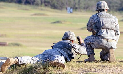 Two Army South Soldiers work together to zero an M249 machine gun at Camp Bullis Aug. 25.