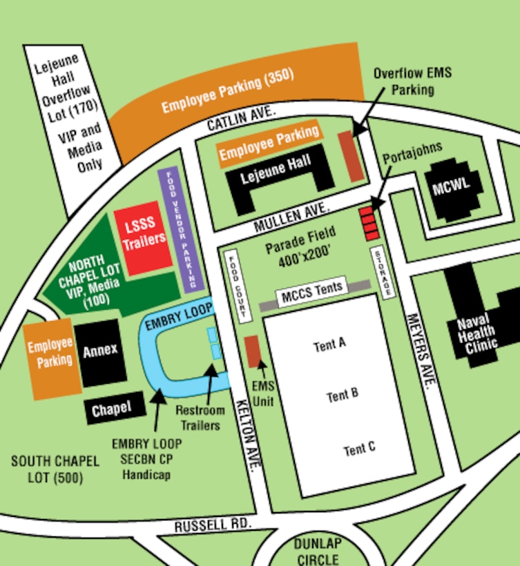 the following roads and parking lots will be closed for the periods listed:
• Myers Avenue closed Sept. 4 through Oct. 4
• Lejeune Hall overflow parking lot closed Sept. 5 through Oct. 4
• Kelton Avenue and Embry Loop closed Sept. 5 through Oct. 4 
• Barnett Field south end parking lot closed Sept. 13-27
• MDMME employee parking passes will be enforced Sept. 22-24