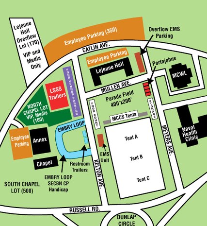 the following roads and parking lots will be closed for the periods listed:
• Myers Avenue closed Sept. 4 through Oct. 4
• Lejeune Hall overflow parking lot closed Sept. 5 through Oct. 4
• Kelton Avenue and Embry Loop closed Sept. 5 through Oct. 4 
• Barnett Field south end parking lot closed Sept. 13-27
• MDMME employee parking passes will be enforced Sept. 22-24