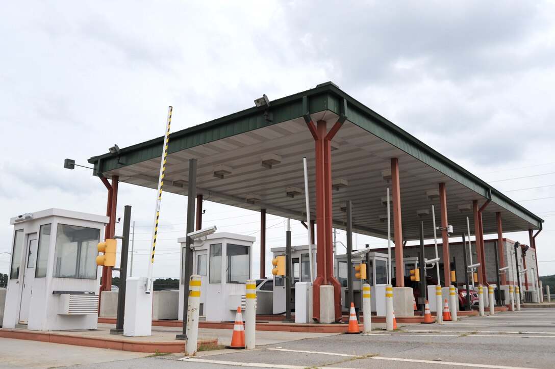 Redstone Arsenal gate 9 is an Access Control Point that has active barriers. The active barriers can be deployed by ACP security to ensure threat vehicles are stopped before they enter the installation.