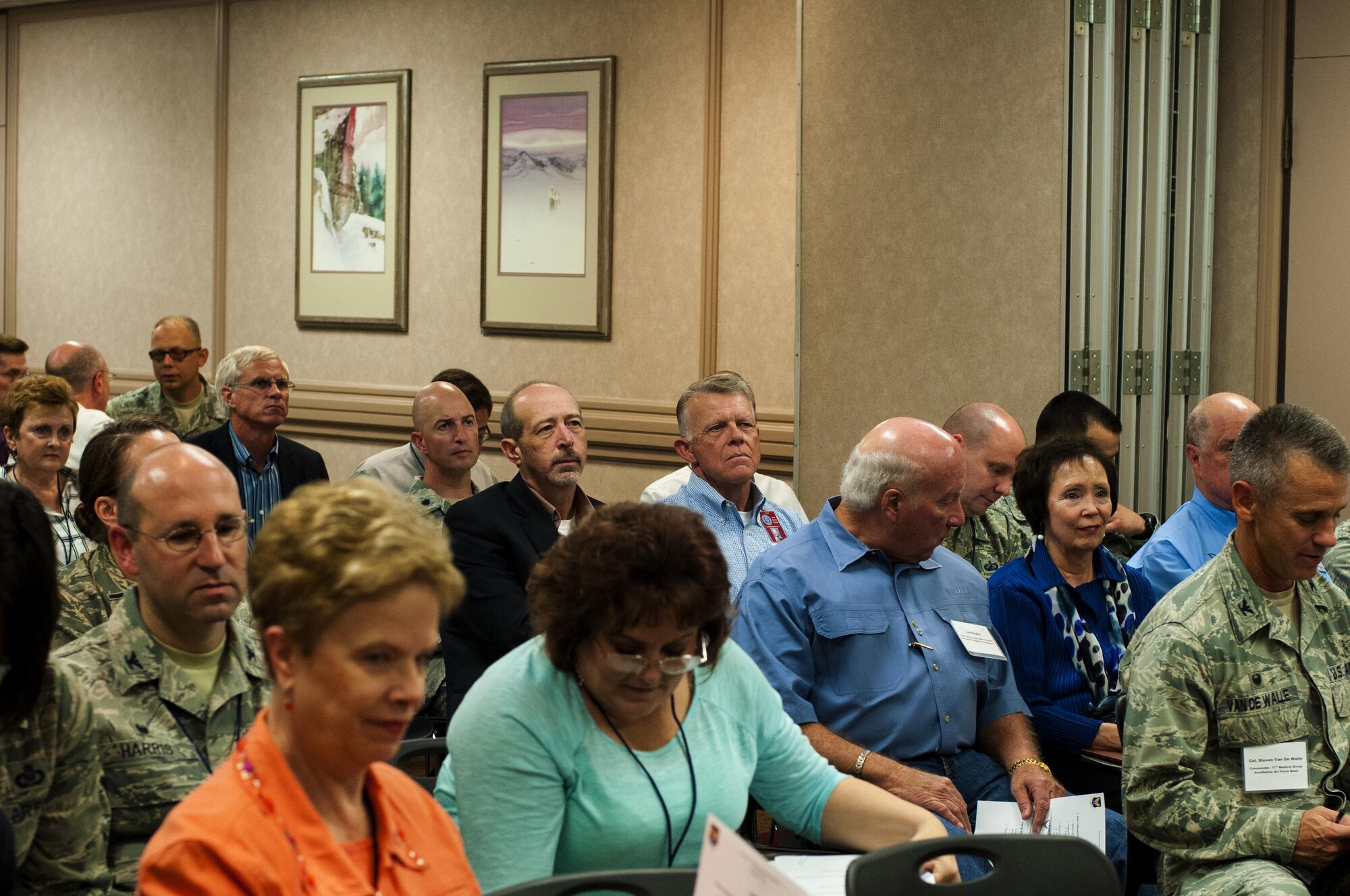 U.S. Air Force Airman and San Angelo community leaders gather together to discuss the Air Force Community Partnership Program at Angelo State University, San Angelo, Texas, Sept. 3, 2015. Along with refreshing and exploring old ideas, the leaders discussed new programs and modifications to existing ones. (U.S. Air Force photo by Senior Airman Scott Jackson/released)