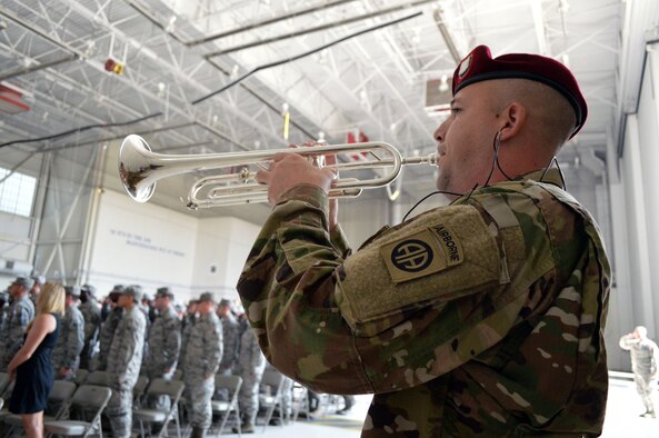 U.S. Army Sergeant Joshua Hunt, 82nd Airborne Division Band, Fort Bragg, N.C., played taps during a tribute ceremony honoring U.S. Air Force Staff Sgt. Forrest Sibley, 21st Special Tactics Squadron, Pope Army Airfield, N.C., Sept. 3. Sibley was a combat controller who had recently deployed to Afghanistan in support of Operation Freedom’s Sentinel when he and another Special Tactics Airman were shot at a vehicle checkpoint at Camp Antonik, Afghanistan, Aug. 26, 2015. (Courtesy photo)
