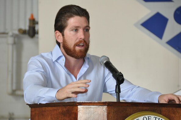 Staff Sgt. Christopher Smith, 21st Special Tactics Squadron combat controller, describes his teammate and best friend, Staff Sgt. Forrest Sibley, to more than 300 people who gathered at a memorial service to honor the fallen servicemember Sept. 3, 2015 at Pope Army Airfield, N.C. Sibley, 31, was killed at a vehicle checkpoint near Camp Antonik, Afghanistan, Aug. 26, 2015. He was a combat controller at the 21st STS and deployed in support of Operation Freedom’s Sentinel. (U.S. Air Force photo by Lt. Col. James R. Wilson/Released)