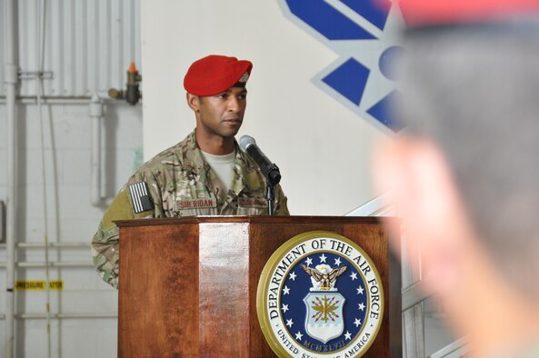 Master Sgt. Delorean Sheridan, 21st Special Tactics Squadron combat controller, describes traits that epitomize Staff Sgt. Forrest Sibley with members of the 21st STS and the special operations community in a memorial service at Pope Army Airfield, N.C. Sept. 3, 2015. Sibley, 31, was killed at a vehicle checkpoint near Camp Antonik, Afghanistan, Aug. 26, 2015. He was a combat controller at the 21st STS and deployed in support of Operation Freedom’s Sentinel. (U.S. Air Force photo by Lt. Col. James R. Wilson/Released)