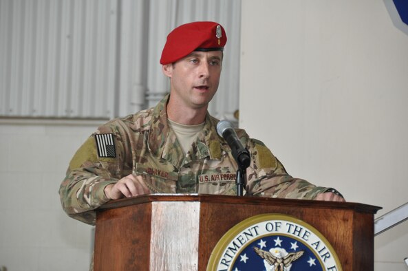 Maj. Stewart Parker, 21st Special Tactics Squadron commander, shares some of his fondest memories of Staff Sgt. Forrest Sibley with members of the 21st STS and the special operations community in a memorial service at Pope Army Airfield, N.C. Sept. 3, 2015. Sibley, 31, was killed at a vehicle checkpoint near Camp Antonik, Afghanistan, Aug. 26, 2015. He was a combat controller at the 21st STS and deployed in support of Operation Freedom’s Sentinel. (U.S. Air Force photo by Lt. Col. James R. Wilson/Released)