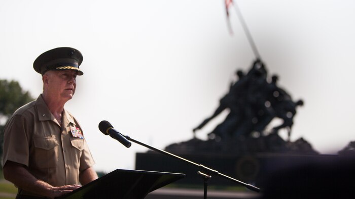 Rear Adm. Brent W. Scott, the Chaplain of the United States Marine Corps, delivers remarks during the Remembrance Ceremony for Company “H”, 2nd Battalion, 26th Marines held at the Marine Corps War Memorial at Arlington, Va., Sept. 3. The ceremony celebrated the achievements of the unit and those Marines and sailors, who gave their lives to accomplish their mission.