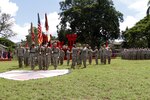 In this photo, Task Force Ready cases their colors during their Deployment Ceremony, Sept. 2, at Hamilton Field, Schofield Barracks, Hawaii. Task Force Ready is activated for a nine-month deployment to the Republic of Korea and is comprised of engineers from 95th Clearance Company, 84th Engineer Battalion, 130th Engineer Brigade, 8th Theater Sustainment Command and more than 250 engineers from 59th Mobility Augmentation Company and 74th Multi-Role Bridge Company from Fort Hood, Texas. 