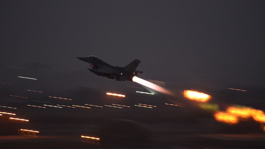 An F-16 Fighting Falcon takes off from Incirlik Air Base, Turkey in support of Operation Inherent Resolve, Aug. 12, 2015. This follows Turkey's decision to host the deployment of U.S. aircraft conducting counter-ISIL operations. The U.S. and Turkey, as members of the 60-plus nation coalition, are committed to the fight against ISIL in pursuit of peace and stability in the region. U.S. Air Force photo by Senior Airman Krystal Ardrey