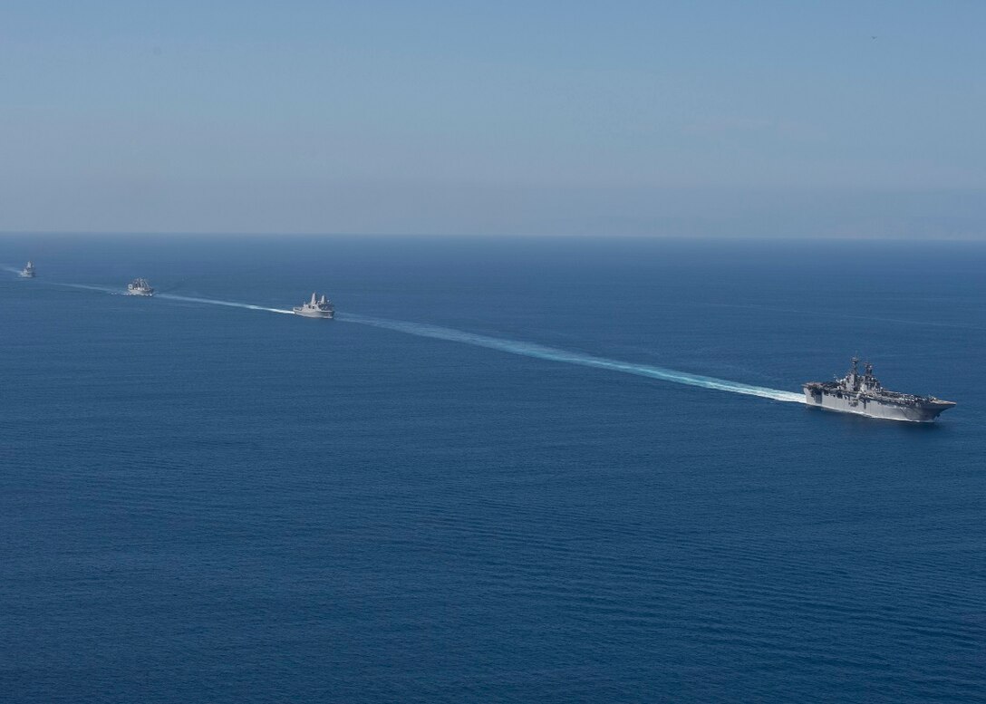 150902-N-GM561-672 PACIFIC OCEAN (Sept. 2, 2015) The amphibious assault ship USS Boxer (LHD 4), the amphibious transport dock New Orleans (LPD 18), the aviation logistics support ship SS Curtiss (T-AVB 4) and the amphibious transport dock Somerset (LPD 25) participate in a simulated strait transit. Boxer is currently underway off the coast of Southern California participating in Dawn Blitz 2015 (DB-15). DB-15 is a multinational training exercise being conducted by Expeditionary Strike Group 3 (ESG-3) and 1st MEB to build U.S., Japan, Mexico and New Zealand’s amphibious, and command and control capabilities through live, simulated, and constructive military training activities. (U.S. Navy photo by Mass Communication Specialist 3rd Class Veronica Mammina/Released)