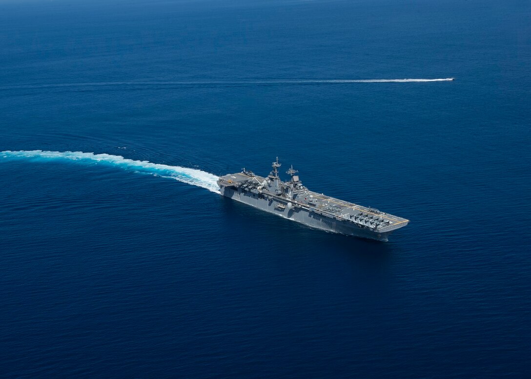 150902-N-GM561-2160 PACIFIC OCEAN (Sept. 2, 2015) The amphibious assault ship USS Boxer (LHD 4) participates in a simulated strait transit. Boxer is currently underway off the coast of Southern California participating in Dawn Blitz 2015 (DB-15). DB-15 is a multinational training exercise being conducted by Expeditionary Strike Group 3 (ESG-3) and 1st MEB to build U.S., Japan, Mexico and New Zealand’s amphibious, and command and control capabilities through live, simulated, and constructive military training activities. (U.S. Navy photo by Mass Communication Specialist 3rd Class Veronica Mammina/Released)