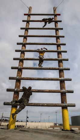 Recruits of Echo Company, 2nd Recruit Training Battalion, climb the Stairway to Heaven obstacle during the Confidence Course at Marine Corps Recruit Depot San Diego, Sept. 1. The high obstacle portion of the Confidence Course allows recruits to face any fear of heights and gain a sense of accomplishment from completing the obstacle. Today, all males from west of the Mississippi are trained at MCRD San Diego. The depot is responsible for training more than 16,000 recruits annually. Echo Company is scheduled to graduate Oct. 30.