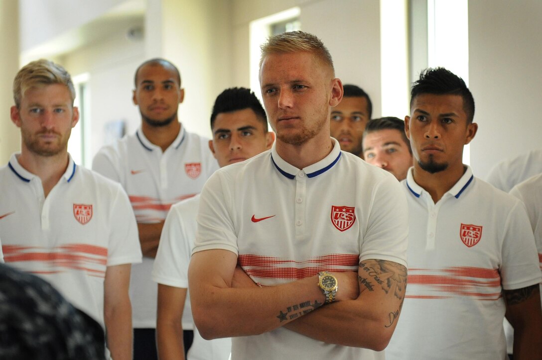 Aron Johannsson and members of the U.S. men's national soccer team visit wounded warrior at Walter Reed National Medical Center in Bethesda, Md., Sept. 3, 2015. DoD photo by Marvin Lynchard