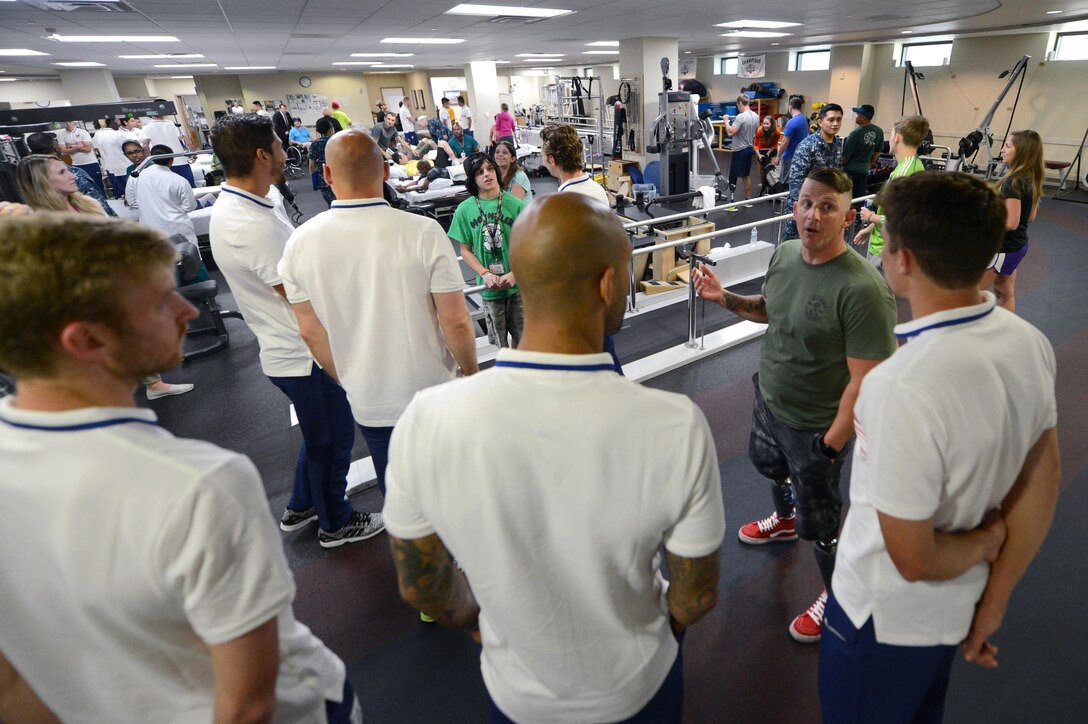 Members of the U.S. men's soccer team visit wounded warriors at Walter Reed National Medical Center in Bethesda, Md., Sept. 3, 2015. DoD photo by Marvin Lynchard