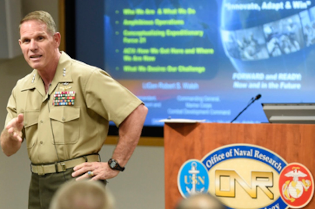 Marine Lt. Gen. Robert Walsh, commanding general of the Marine Corps Combat Development Command, discusses the operational need for amphibious high-water speed, a critical priority for the U.S. Marine Corps, during the Office of Naval Research-hosted focus area forum in Arlington, Va., Aug. 27, 2015.