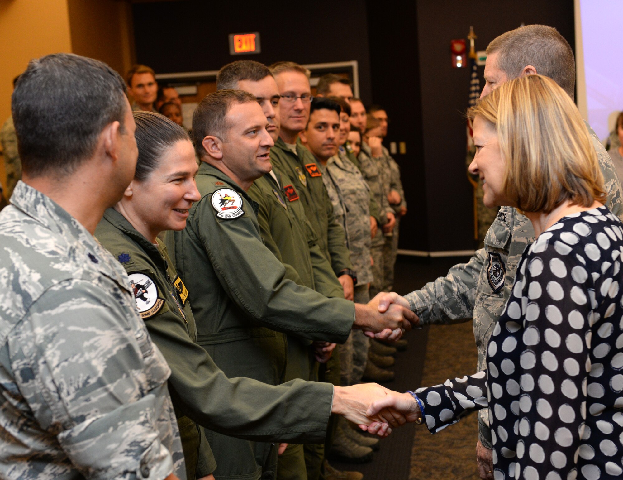 Gen. Robin Rand, Air Force Global Strike Command commander, and his wife, Kim, introduce themselves to senior leaders at Barksdale Air Force Base, La., Aug. 27, 2015. The Rands took part in a two-day immersion tour of Barksdale, home of AFGSC headquarters, to experience the operations of the 2nd Bomb Wing, which is one of six wings currently under AFGSC. The mission of the command is to develop and provide combat-ready forces for nuclear deterrence and global strike operations to support the President of the United States and combatant commanders. (U.S. Air Force photo/Airman 1st Class Curt Beach) 