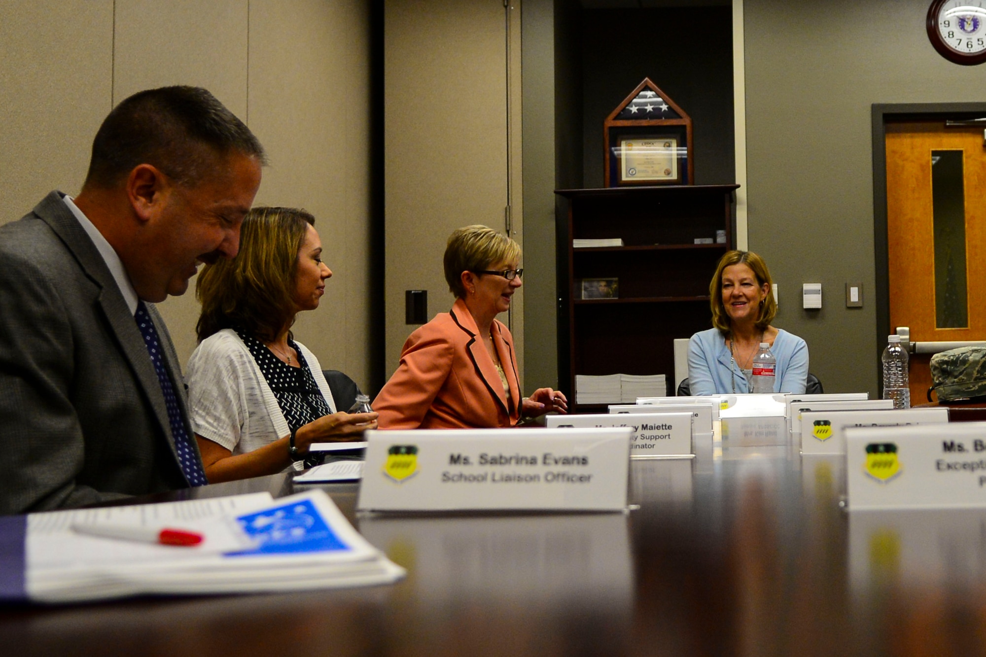 Kim Rand, wife of Gen. Robin Rand, commander of Air Force Global Strike Command, speaks to Integrated Delivery Service members at Barksdale Air Force Base, La., Aug. 28, 2015. During the meeting, Rand and IDS members discussed their goals and how to overcome limitations to best serve the Airmen and families of Team Barksdale. (U.S. Air Force photo/Senior Airman Benjamin Raughton)