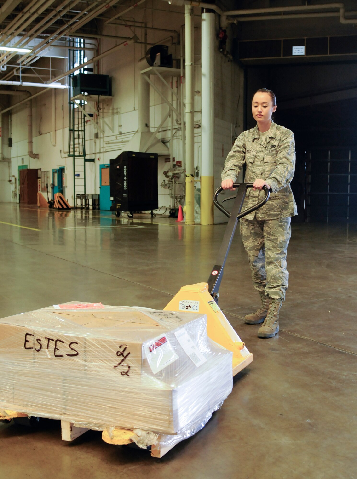Senior Airman Susan Kicker, 90th Logistics Readiness Squadron Inbound Management clerk, pulls a pallet in the 90th LRS Warehouse on F.E. Warren Air Force Base, Wyo., Sept. 2, 2015. Inbound cargo Airmen handle received cargo shipped to base and distribute it to the organizations on base who need it. (U.S. Air Force photo by Senior Airman Jason Wiese)