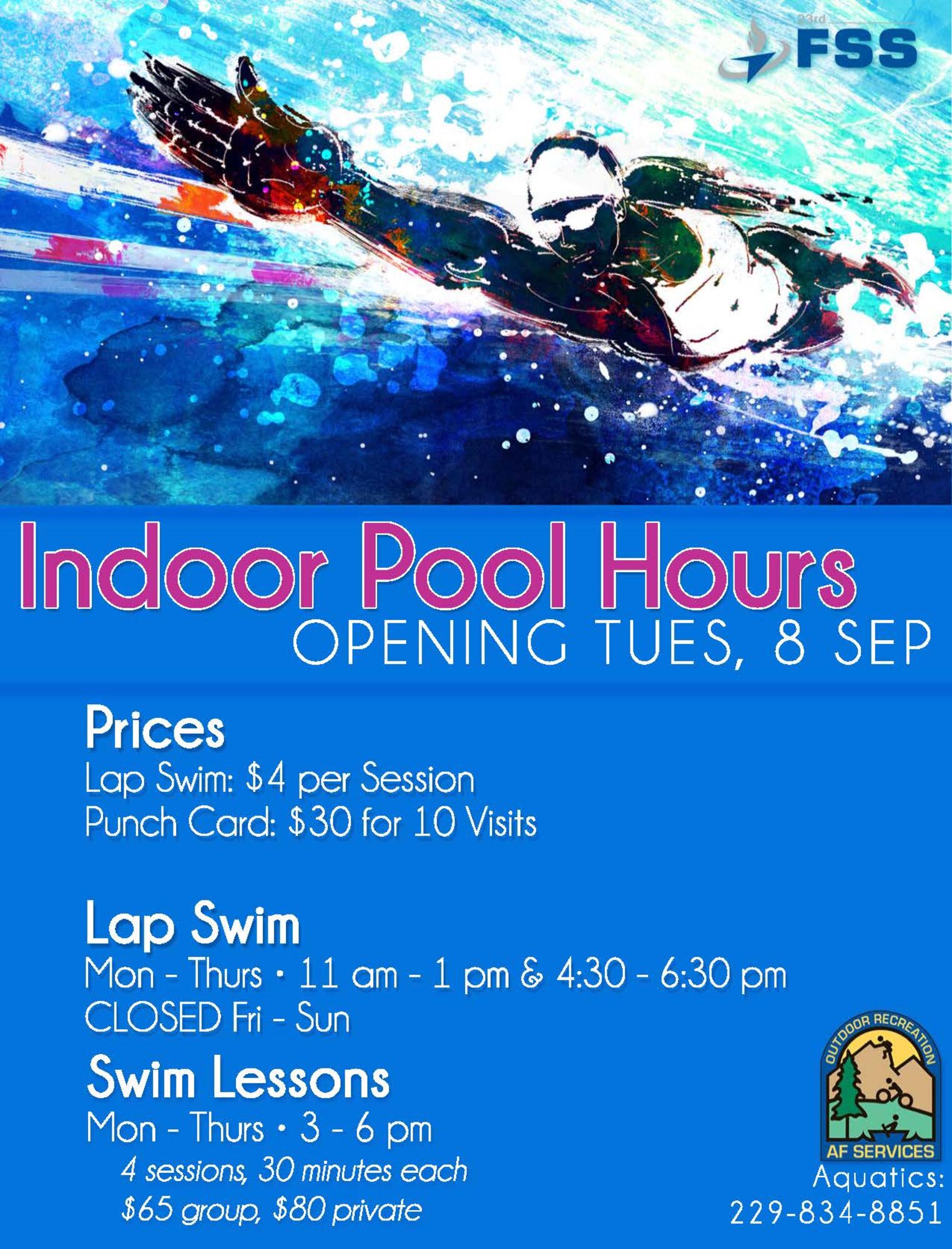 Moody’s Indoor Pool opens for lap swim and swim lessons Sept. 8, 2015. The pool also offers scheduled sessions for squadrons or units to conduct aquatic training. (Courtesy photo)