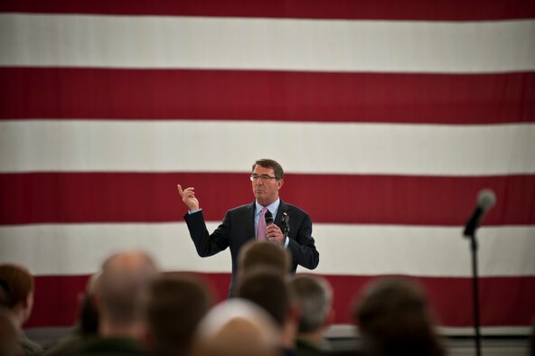 Defense Secretary (Dr.) Ash Carter addresses Nellis Airmen and Coalition partners during an all call inside the Lightning Aircraft Maintenance Unit hangar at Nellis Air Force Base, Nev., Aug. 26, 2015. During the Secretary’s visit to Nellis he observed Red Flag 15-4 and spoke to Airmen and Coalition partners. During the all call, Carter took questions from service members and addressed issues relating to budgets, force retention, morale, and operational priorities. Carter, the nation’s 25th Defense Secretary, was sworn into the position earlier this year on February 17. (U.S. Air Force photo by Senior Airman Joshua Kleinholz)