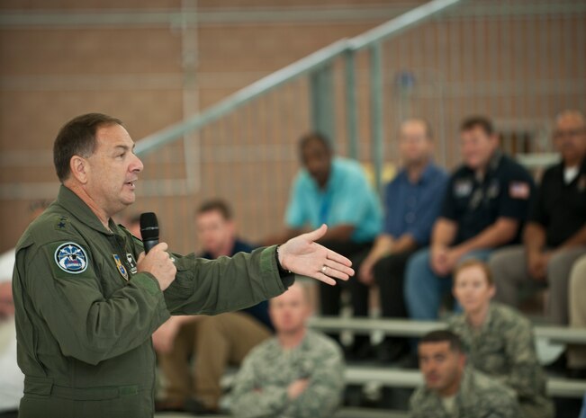 Lt. Gen. Christopher C. Bogdan, the program executive officer for the F-35 Lightning II Joint Program Office in Arlington, Va., speaks to Airmen and civilian employees who work on the F-35A Lightning II at Nellis Air Force Base, Nev., Aug. 27, 2015. The F-35 Lightning II Joint Program Office is the Department of Defense’s agency responsible for developing and acquiring the F-35A/B/C, the next-generation strike aircraft weapon system for the Navy, Air Force, Marines, and many allied nations. (U.S. Air Force photo by Staff Sgt. Siuta B. Ika)