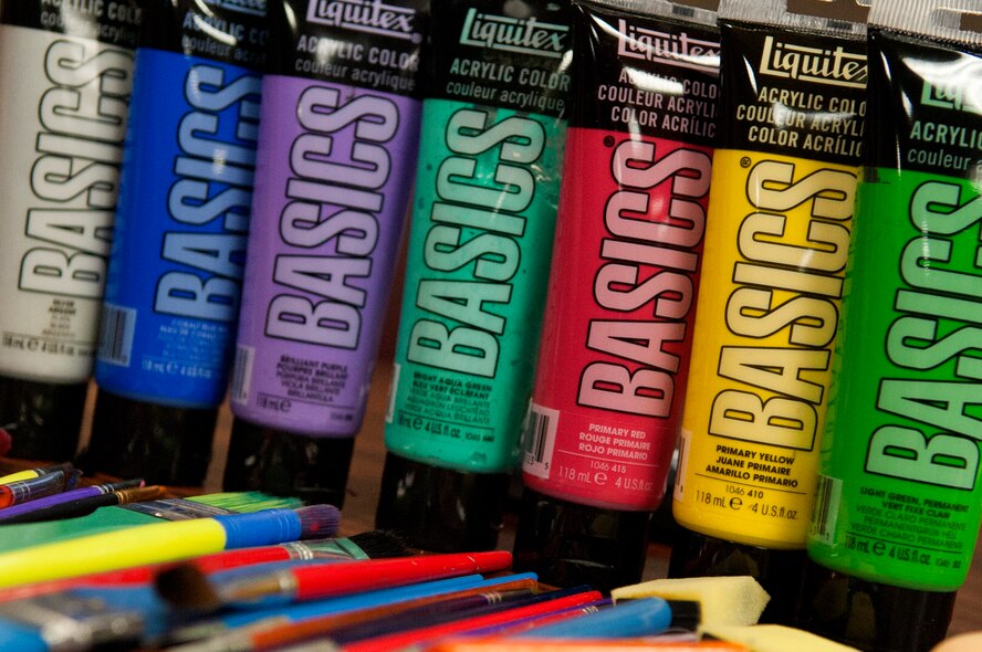 Paint supplies used by some of the artists in the Painting Club are on display, Aug. 30, 2015, at Seymour Johnson Air Force Base, North Carolina. The Painting Club meets once a month in the bingo room at the Eagles Landing to create masterpieces. (U.S. Air Force photo/Airman 1st Class Shawna L. Keyes)