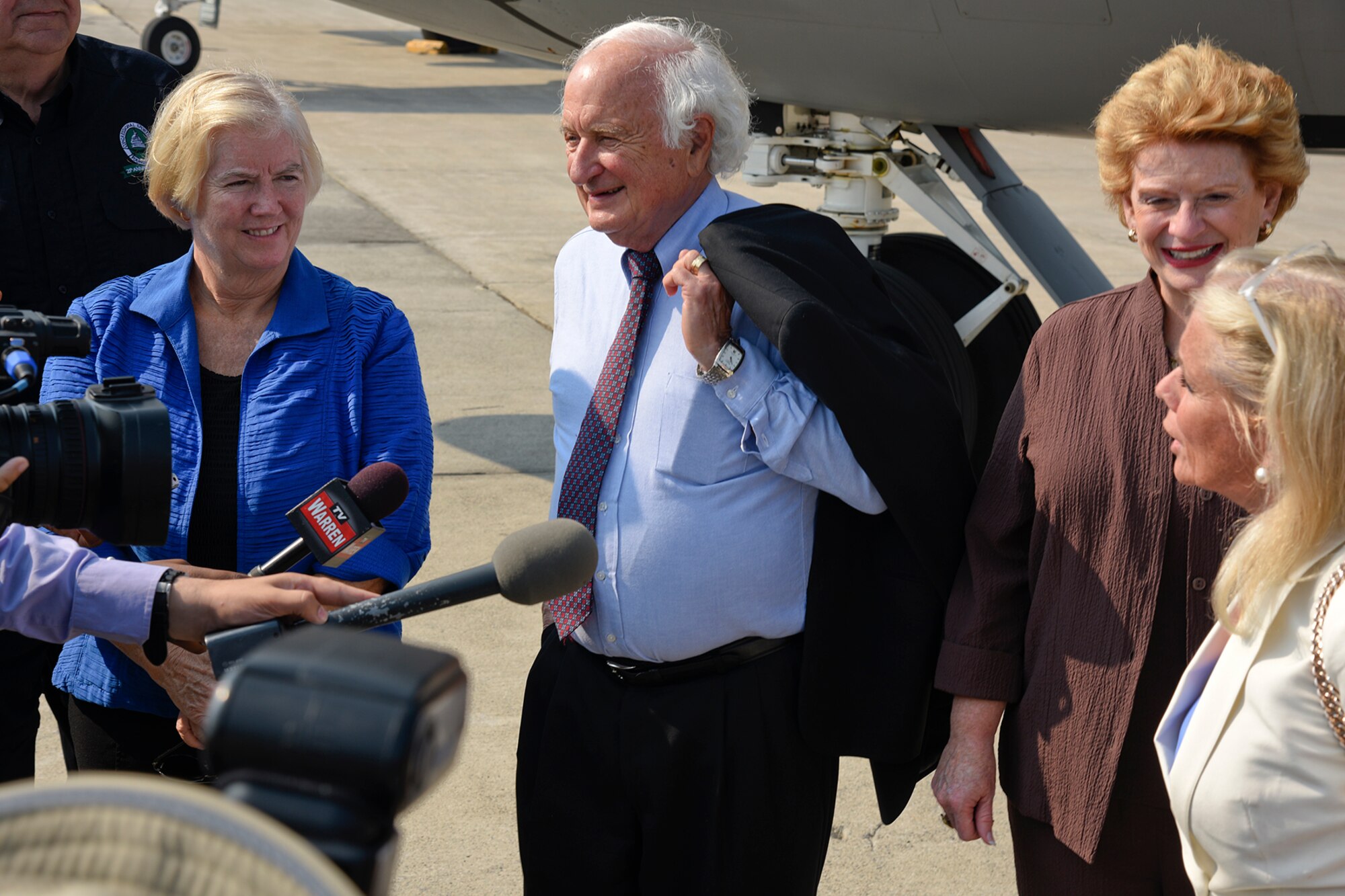 150902-Z-MI929-009 – U.S. Reps. Candice Miller, R-Mich., and Sander Levin, D-Mich., U.S. Sen. Debbie Stabenow, D-Mich., and U.S. Rep. Debbie Dingell, D-Mich., speak with reporters during a tour of Selfridge Air National Guard Base, Mich., Sept. 2, 2015. Seven members of the Michigan Congressional delegation spent Sept. 2 and 3 touring the major military installations located in Michigan. (U.S. Air National Guard photo by Terry Atwell / Released)